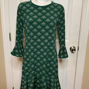 Michael Kors Green White Scallop Fan Print Flare Sleeve Mini Dress, Size PM